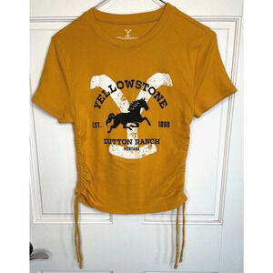 Yellowstone Dutton Ranch Women's Baby T-shirt Sz L Ruched Sides Cowgirl Western